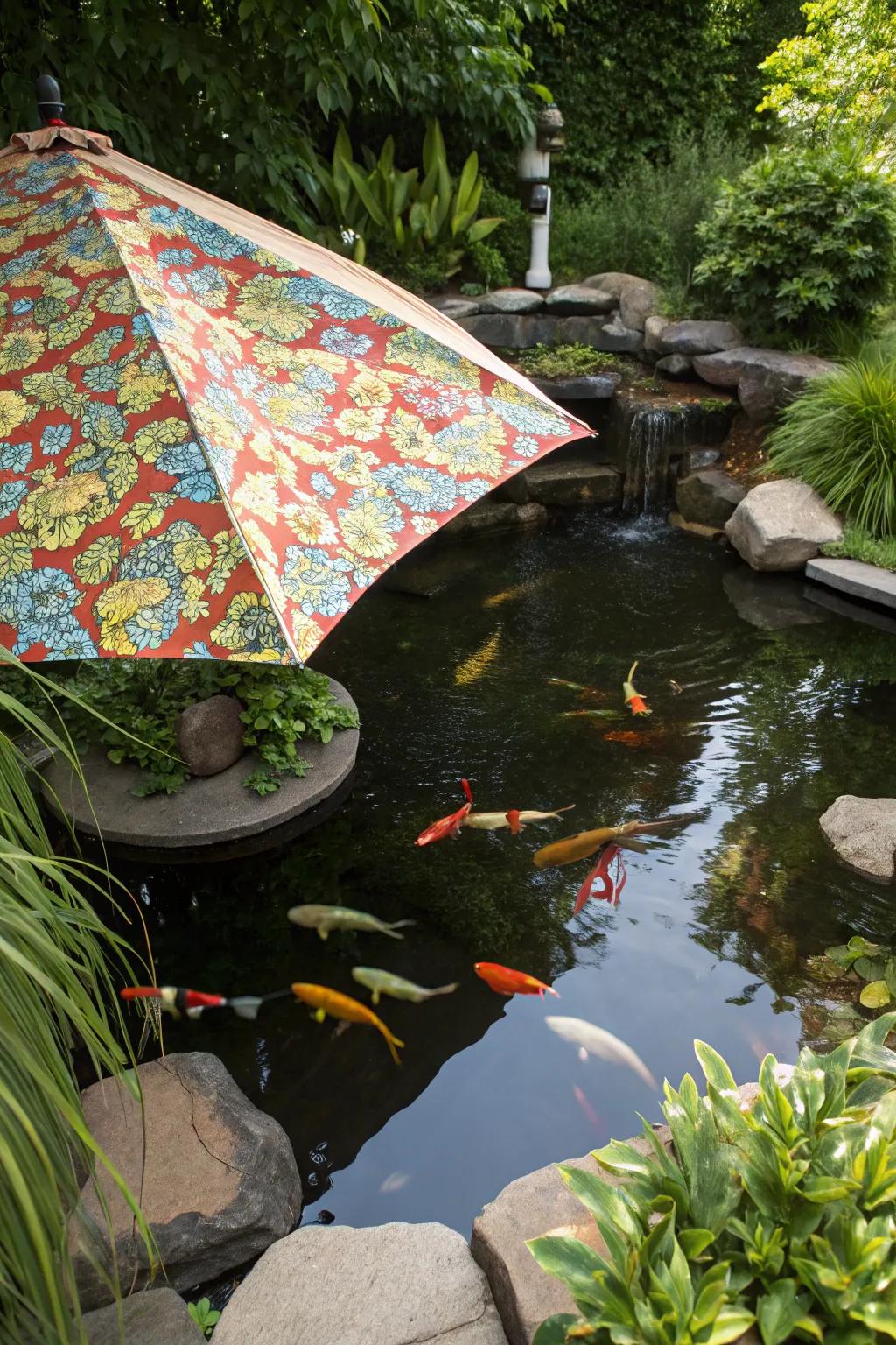 A koi pond covered with a vibrant custom fabric shade.