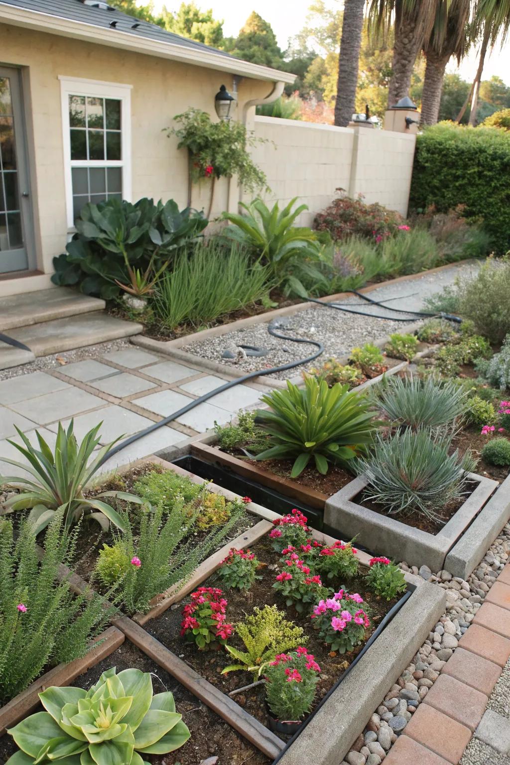 Plants arranged by water needs for best growth.