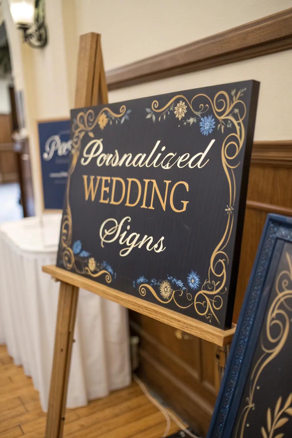Elegant wedding signs that complement the black and blue theme.