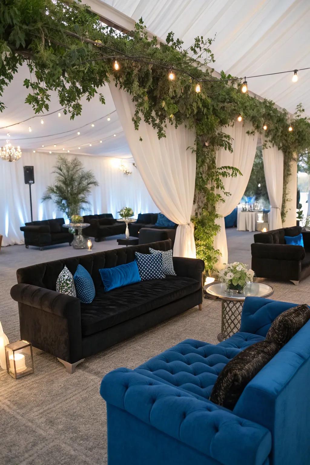 Comfortable lounge area with black and blue furnishings.