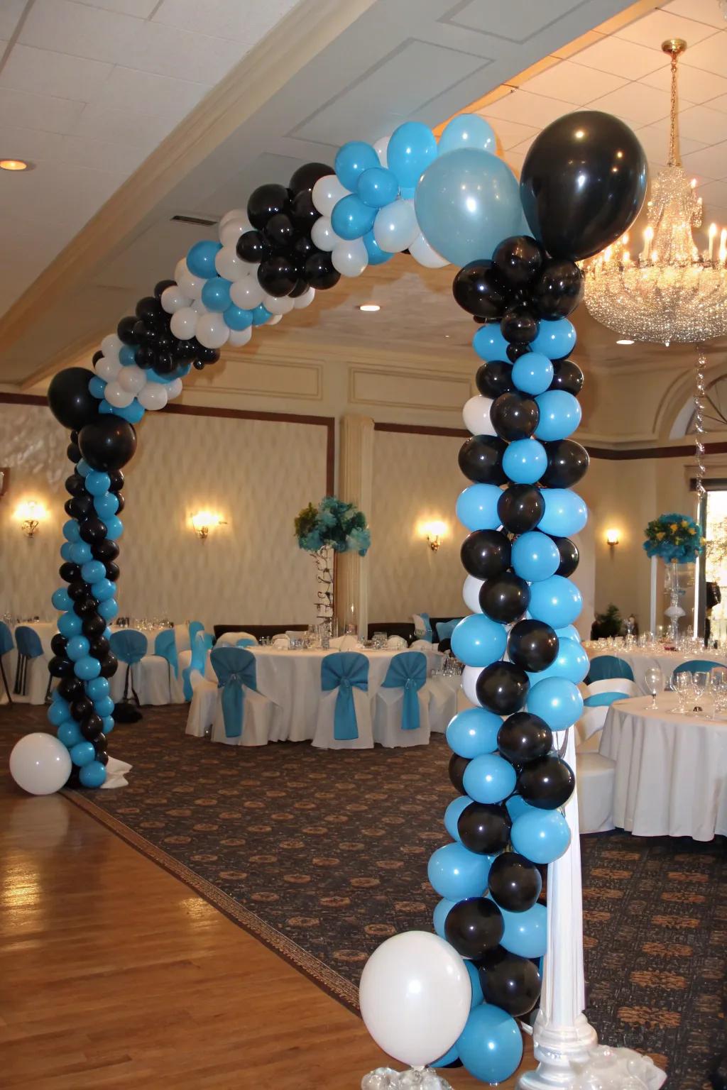 Creative balloon decor in black and blue adds a playful vibe.