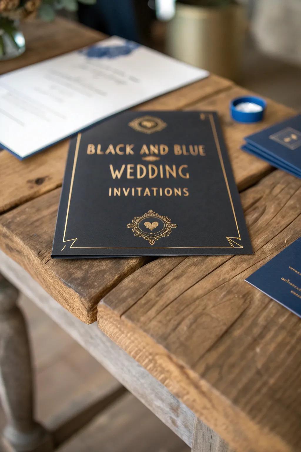 Sophisticated black and blue wedding invitations with metallic accents.