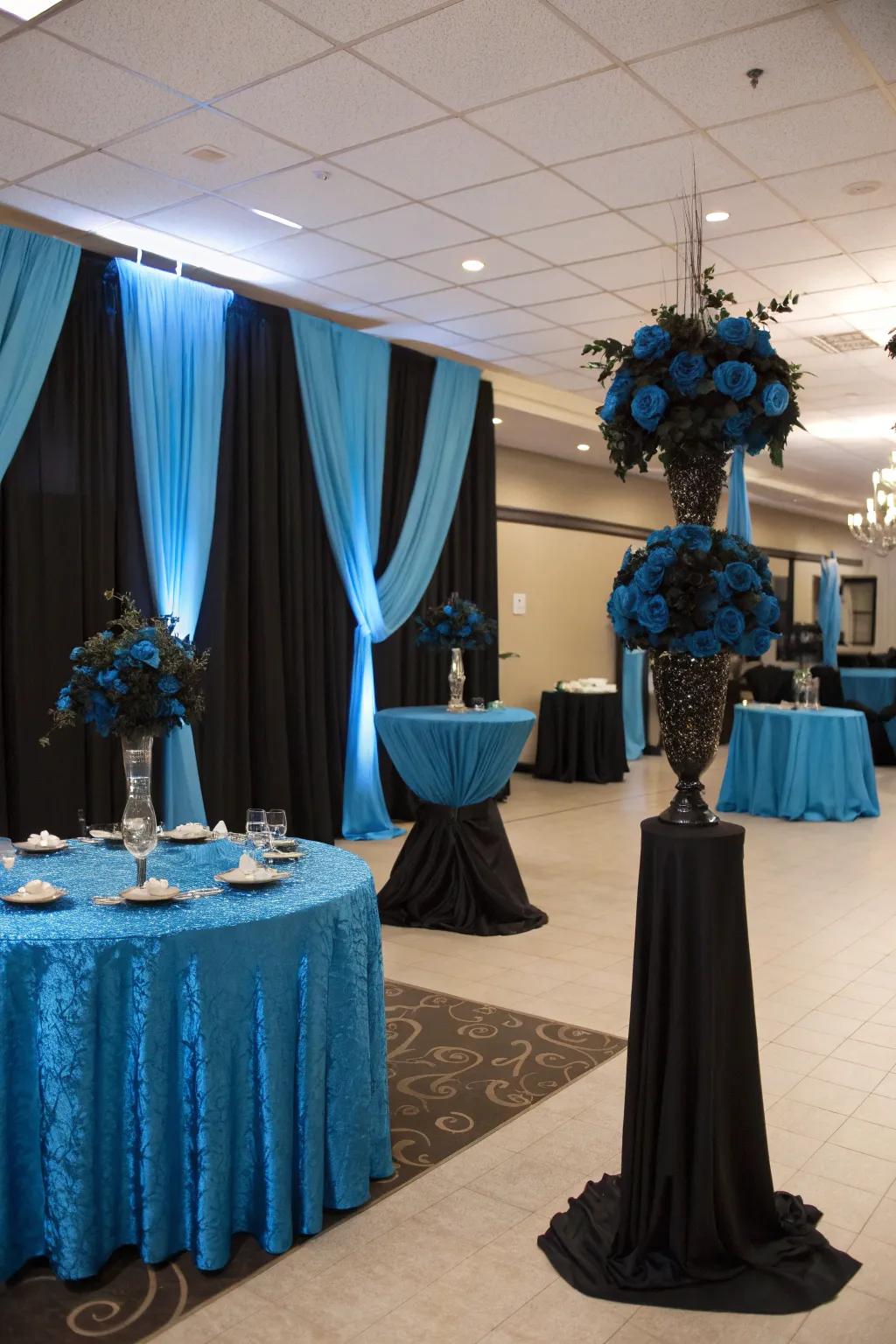 Venue decorated elegantly in black and blue theme.