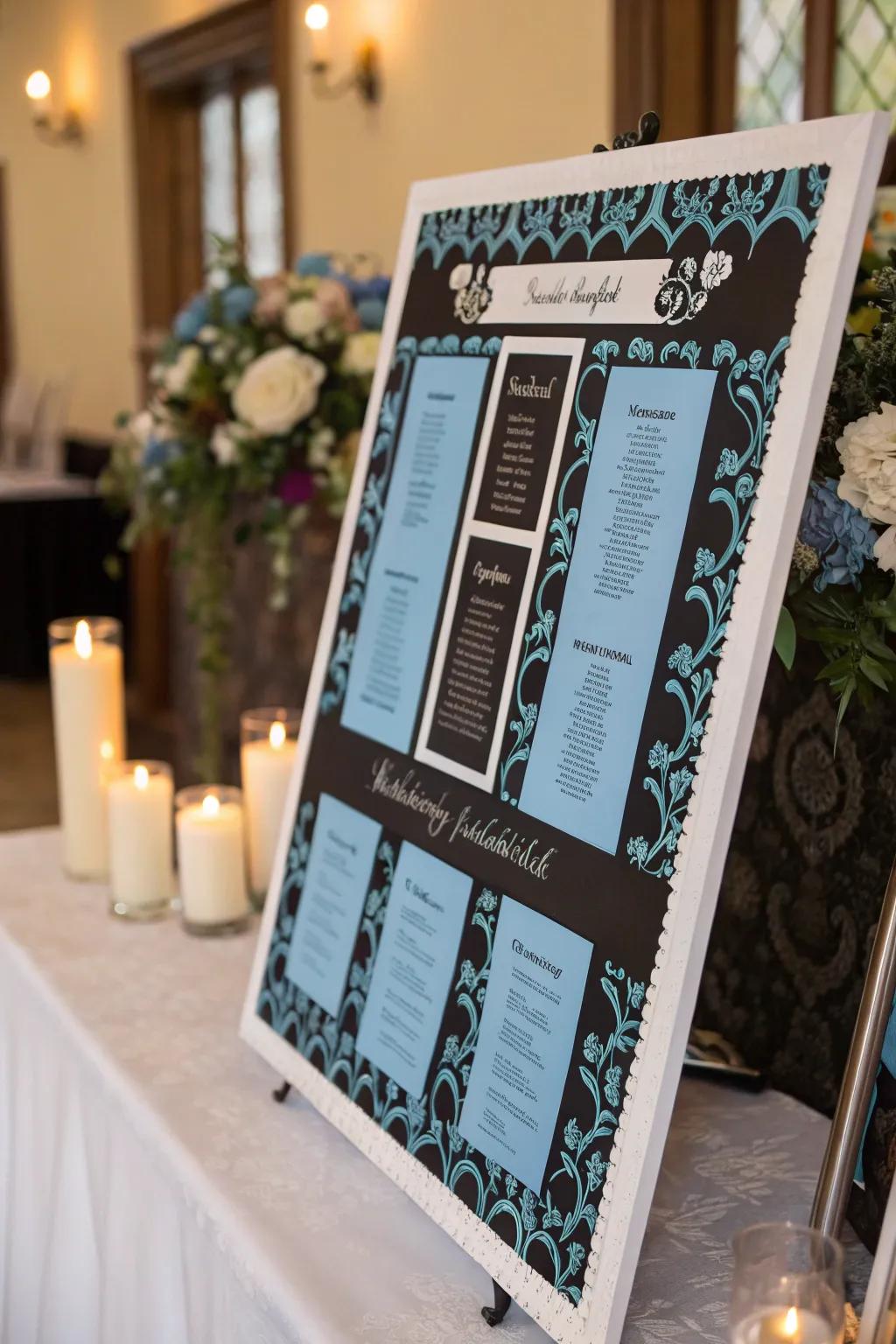 Creative seating chart featuring black and blue design elements.