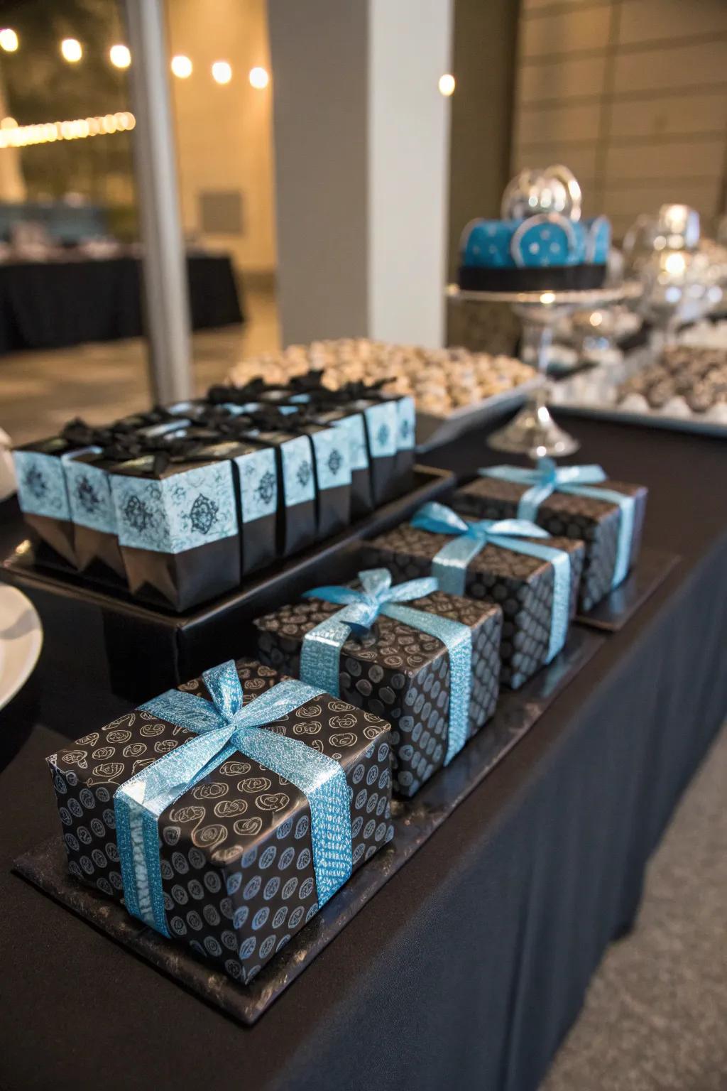 Thoughtful black and blue wedding favors for guests.