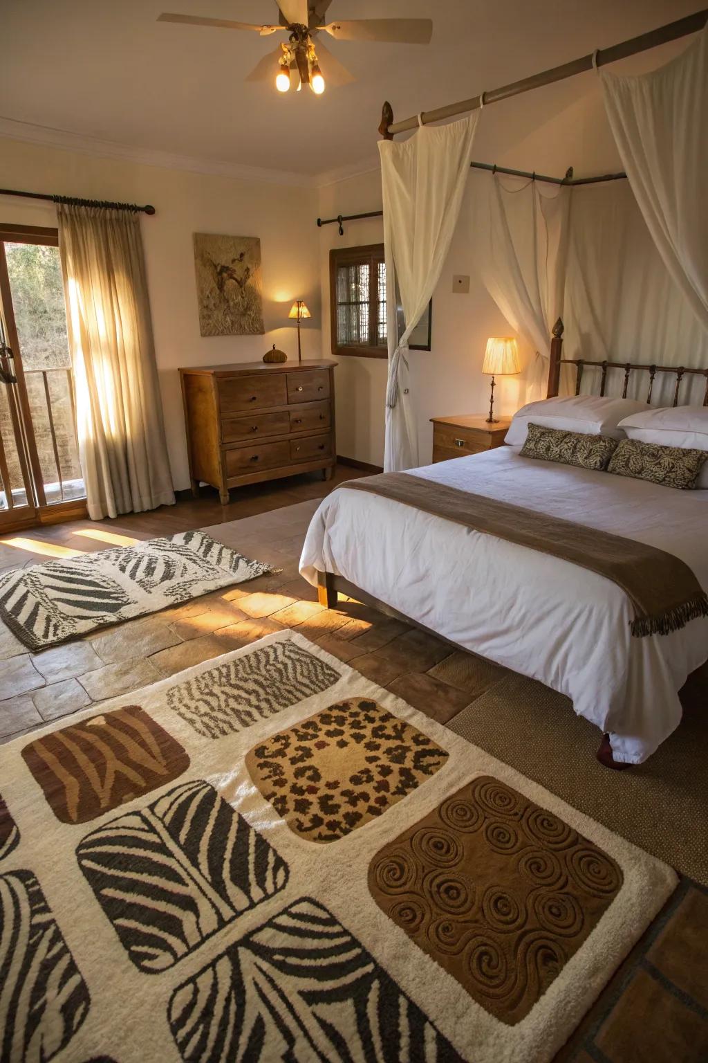 Safari-esque floor coverings secure and unify the room's design.