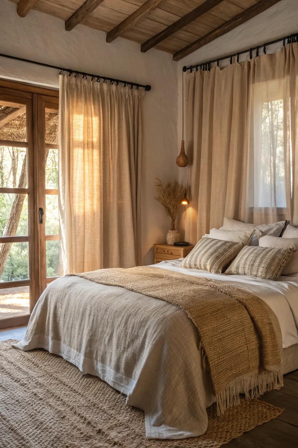 Textured materials add depth and warmth to the bedroom.