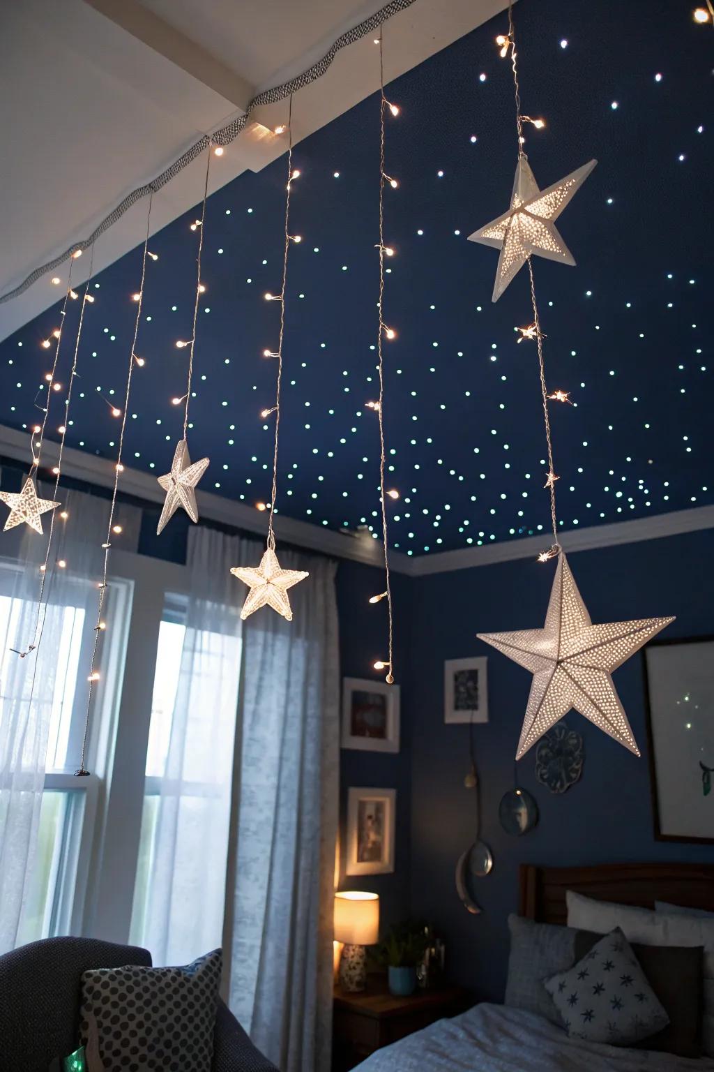 Ceiling transformed into a starry night sky with twinkling lights and hanging constellations.
