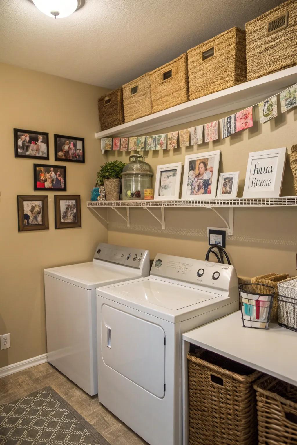 Personalized markers and family portraits add a personal detail to the laundry space.