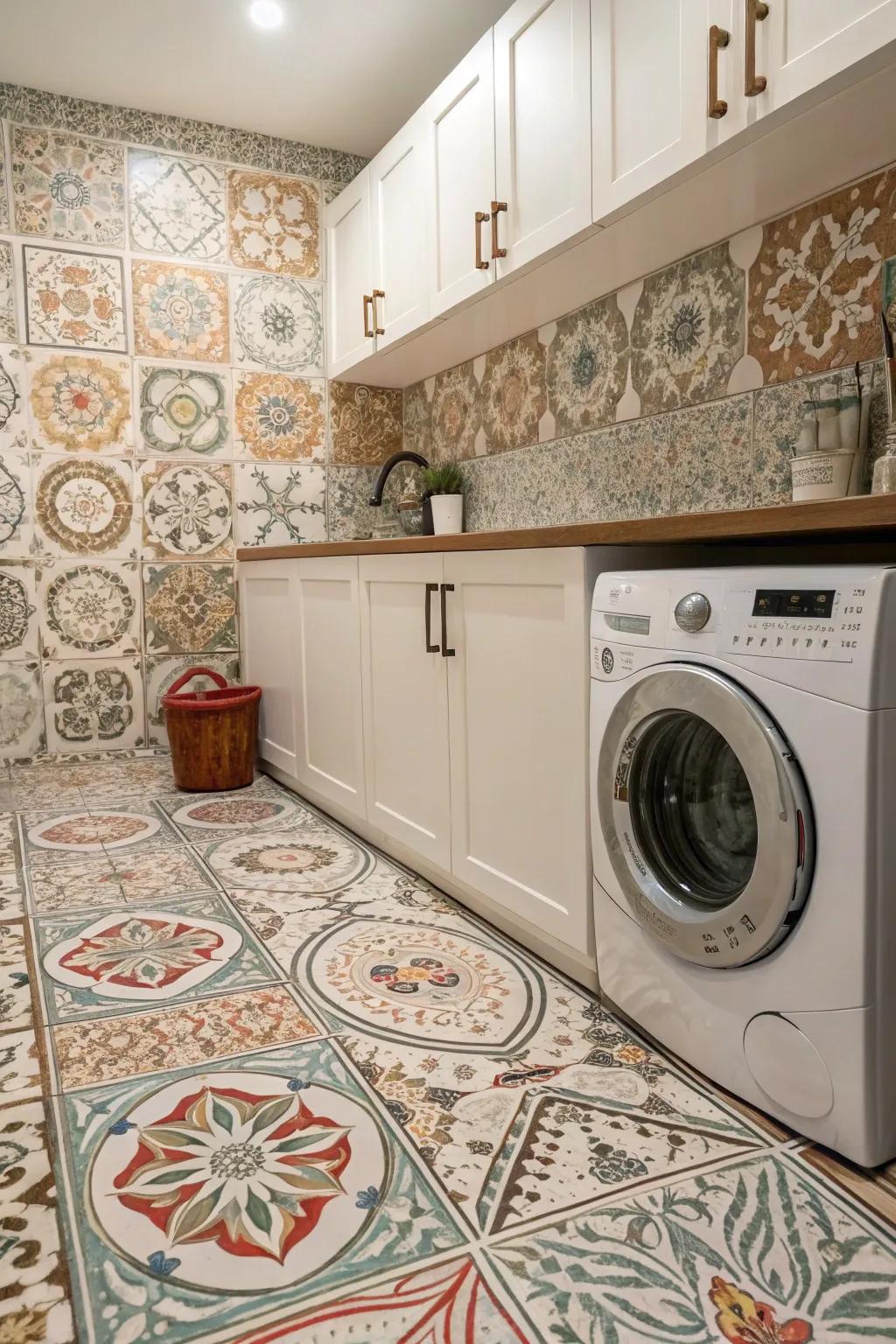 Patterns reminiscent of North Africa impart personality and depth to the laundry area.