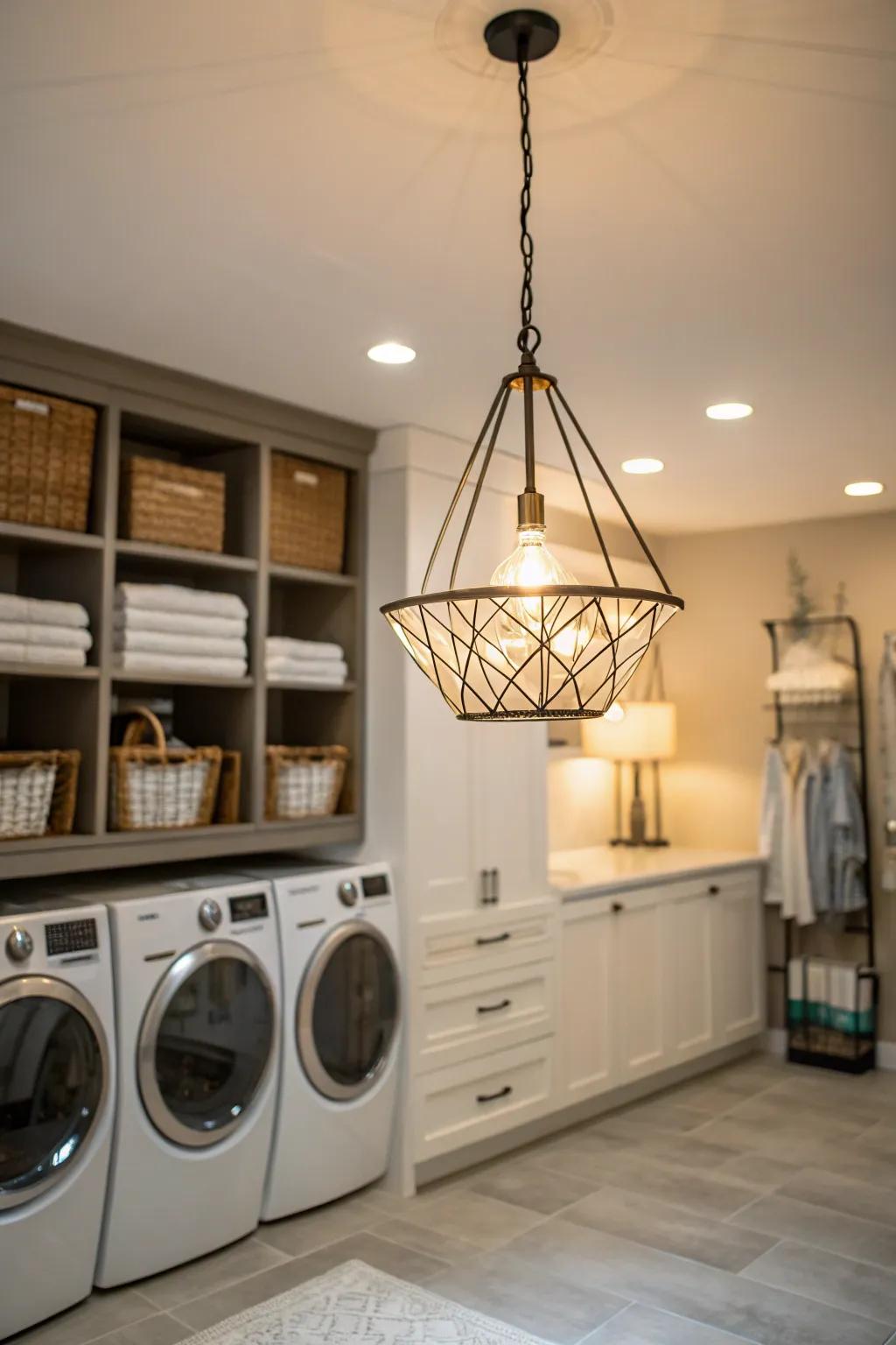 A sophisticated drop-style light enriches the aesthetic of the laundry space.