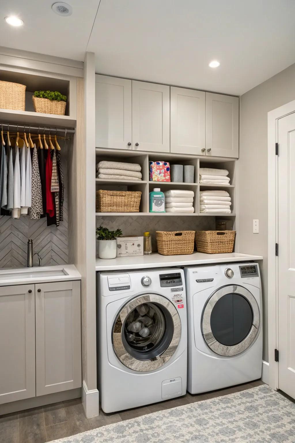 Concealed cabinets keep laundry essentials out of sight for a streamlined appearance.