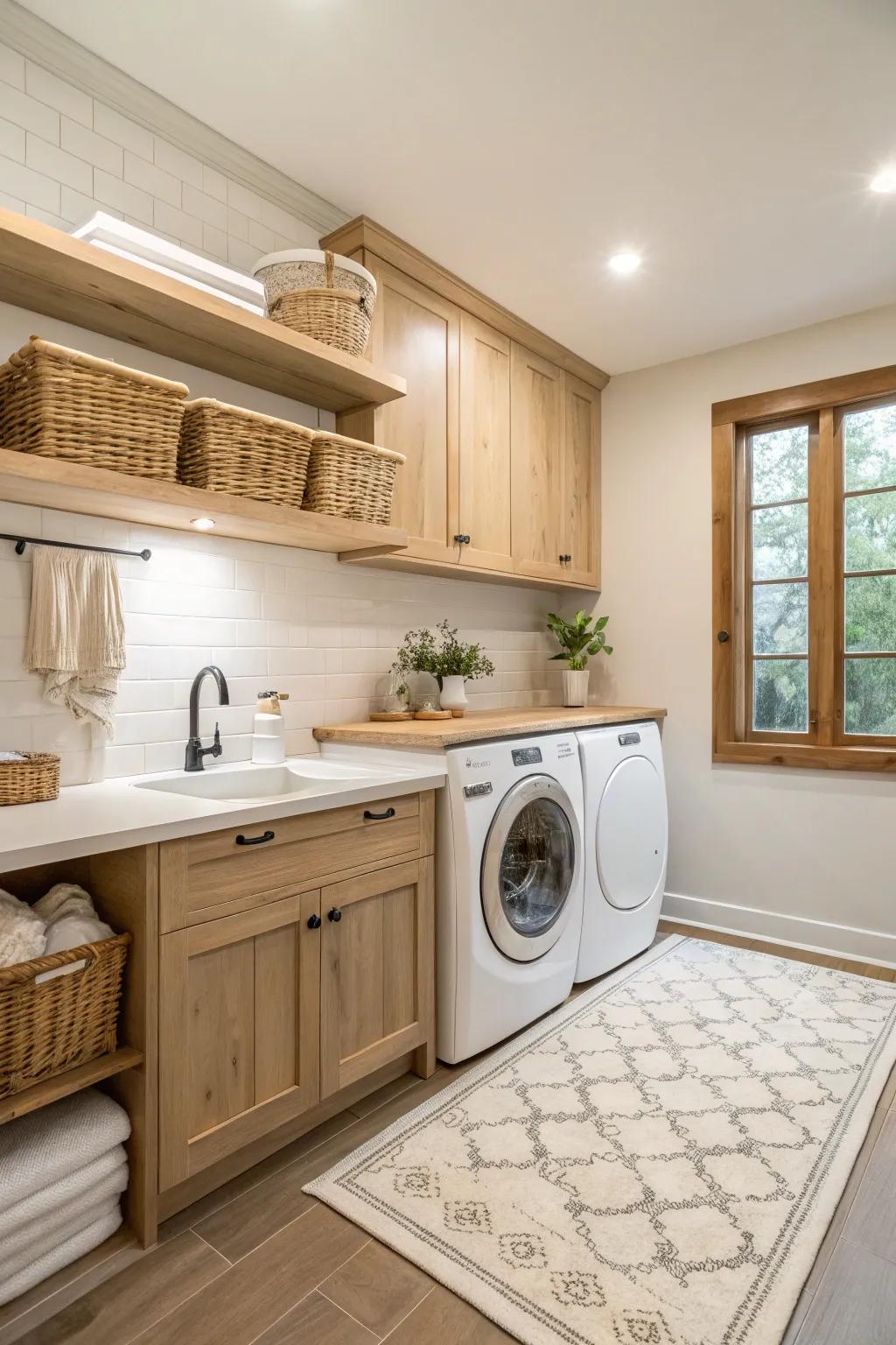 Understated shades and organic wood details establish a calming laundry space.