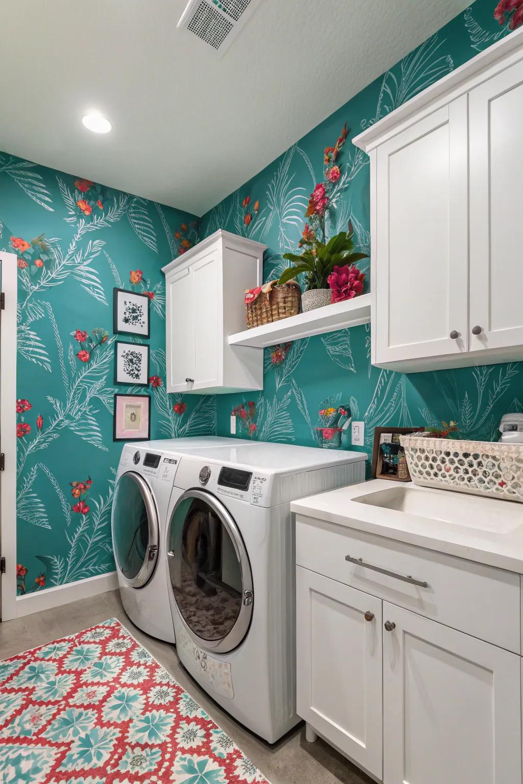 Vivid aquamarine walls bring a revitalizing ambiance to the laundry area.