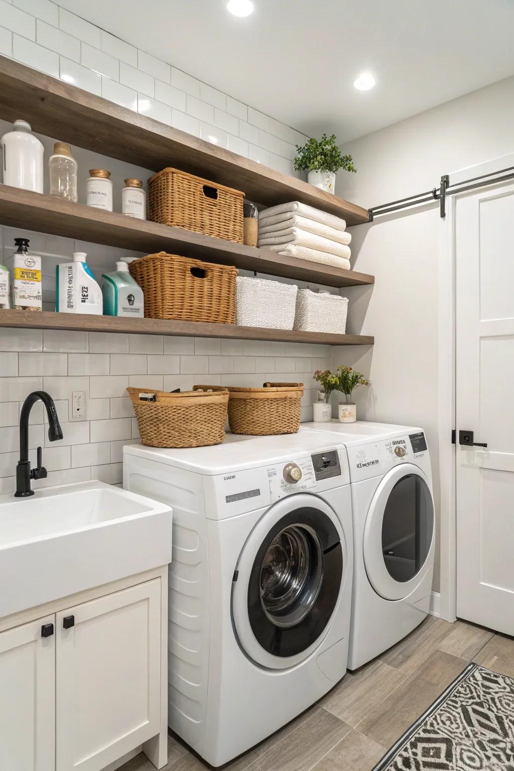 Elevated shelves optimize storage possibilities above the washing machine and dryer.