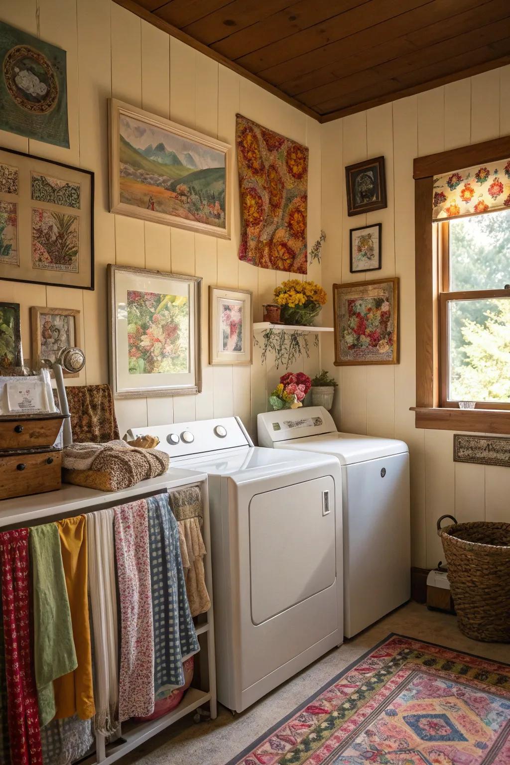 Vintage artwork infuses personal charm into the laundry space.