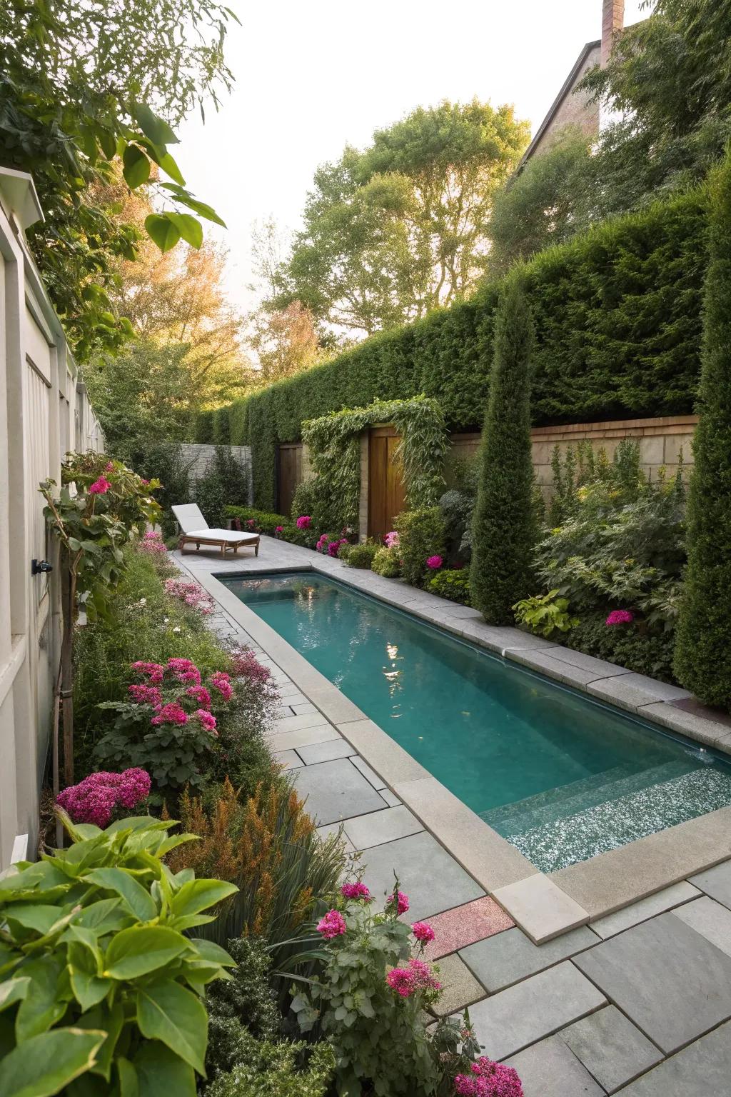 Lush landscaping surrounding a mini pool for added privacy.