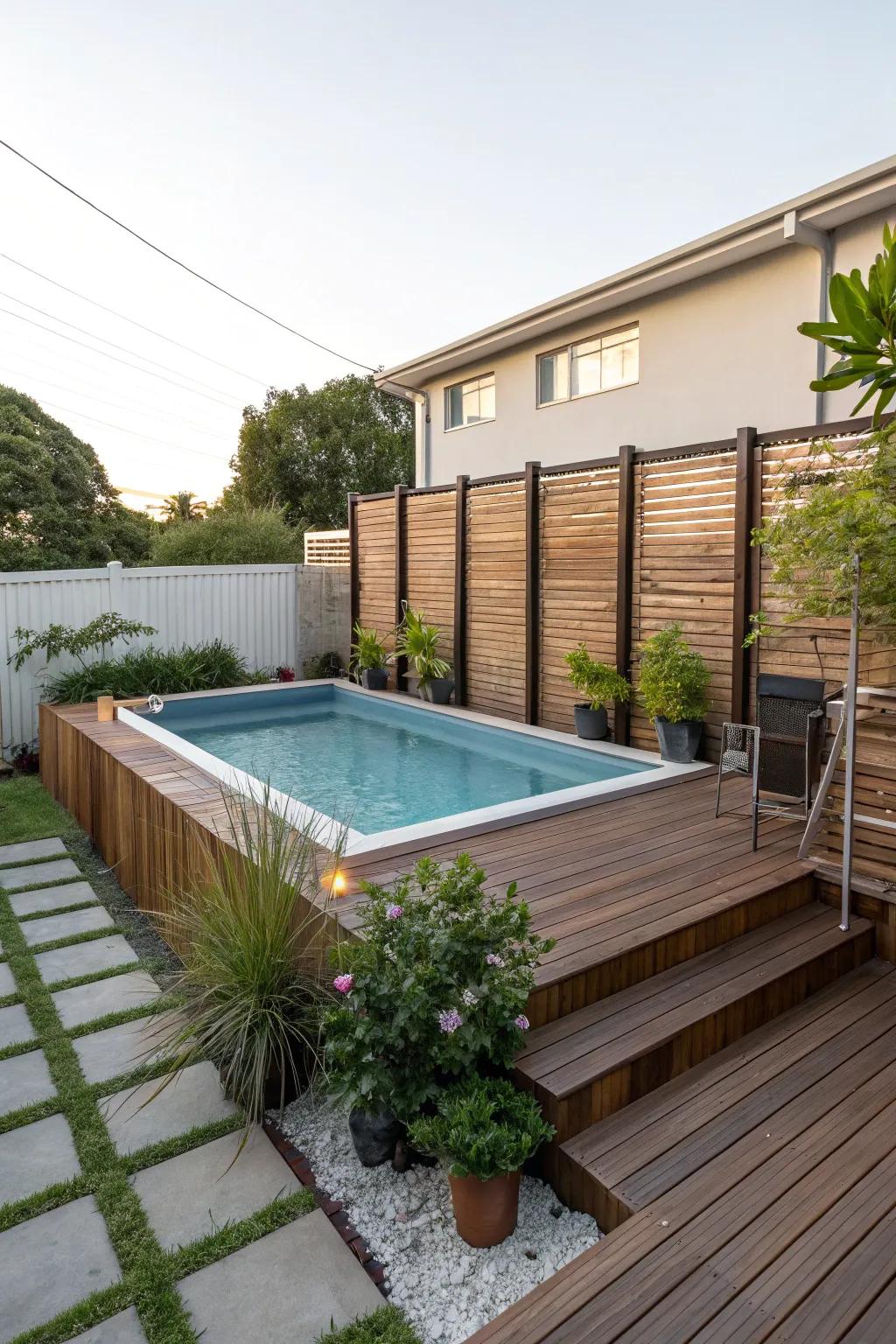 Chic above-ground pool featuring stylish decking.