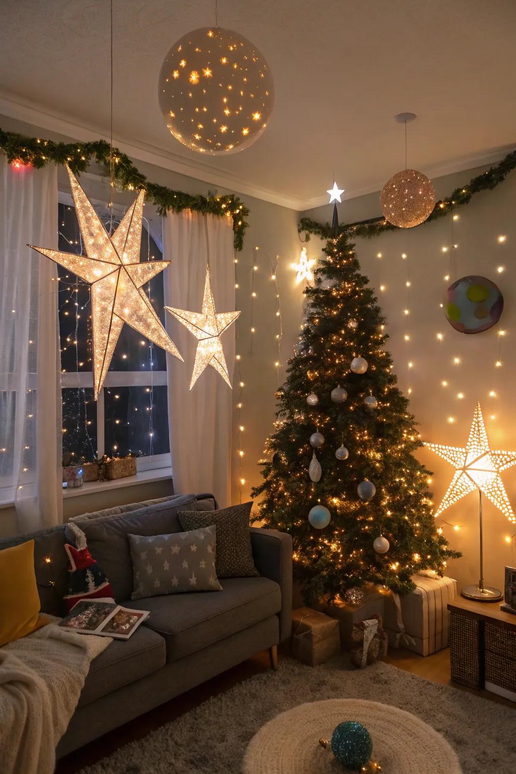 Celestial-themed holiday decorations with star motifs.