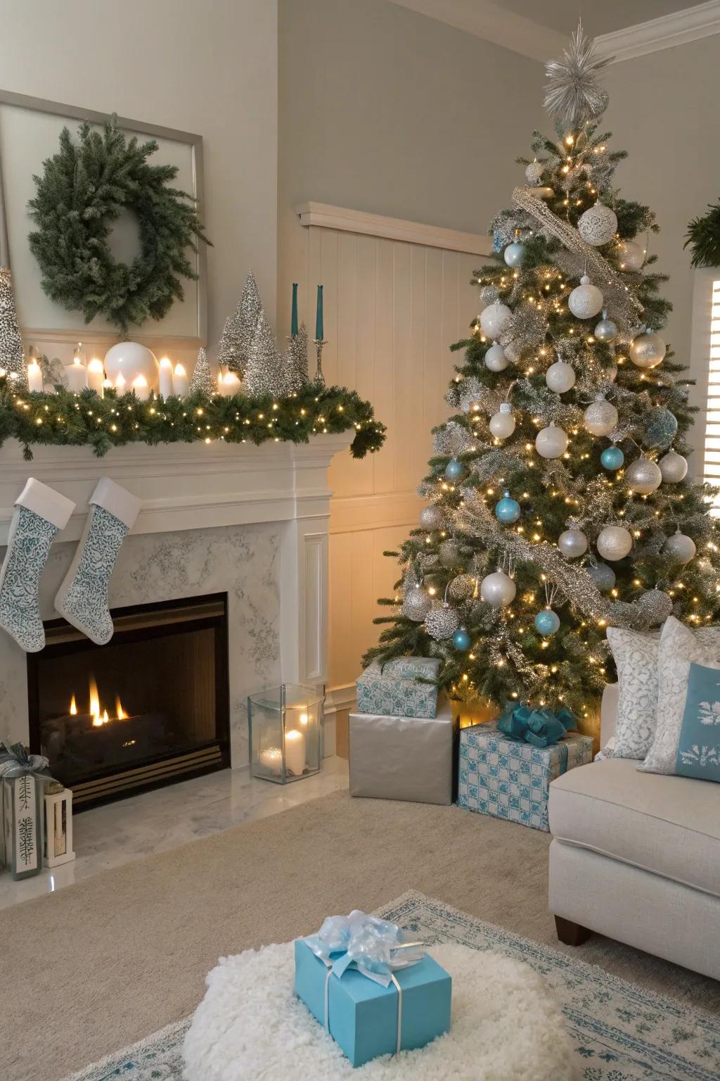 Winter wonderland with icy blue and silver decorations.