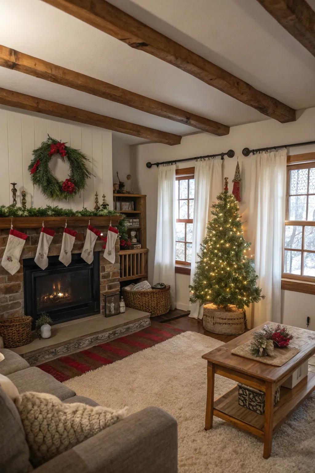 Warm farmhouse-style Christmas decorations.