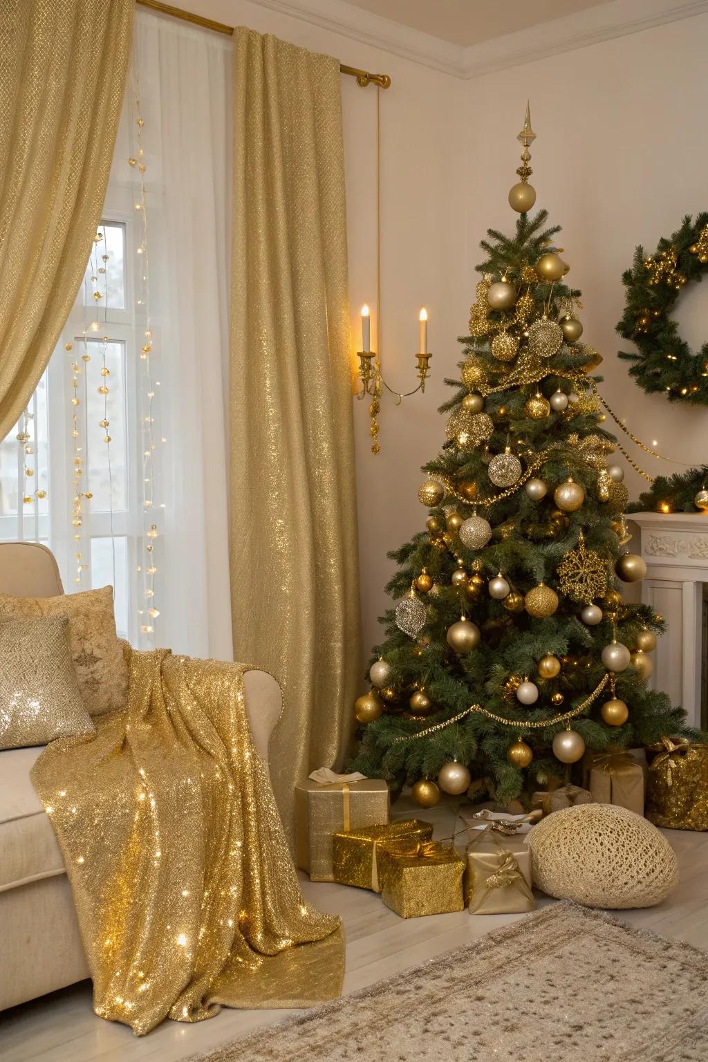 Opulent gold-themed Christmas decorations.