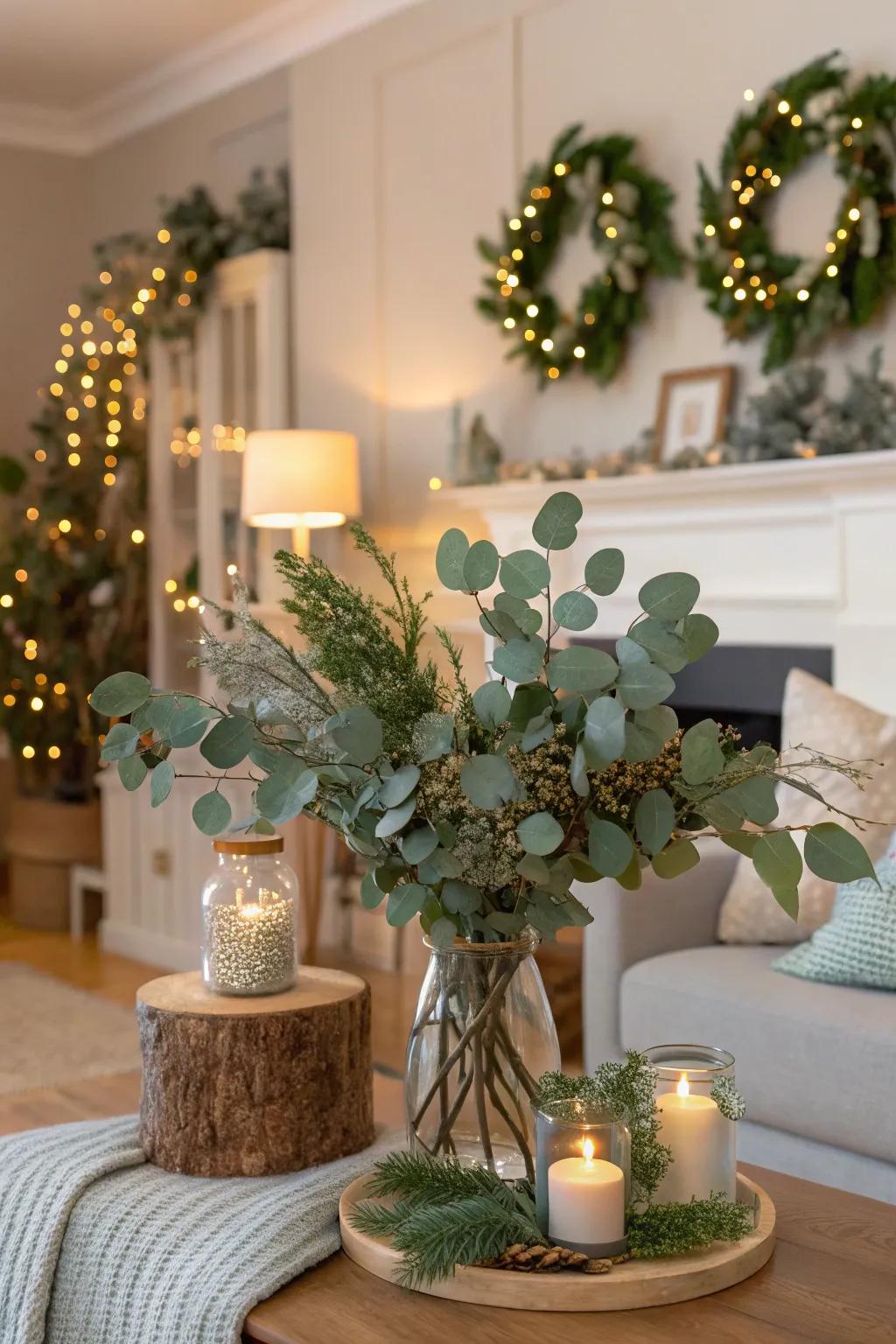 Calming eucalyptus-themed holiday decorations.