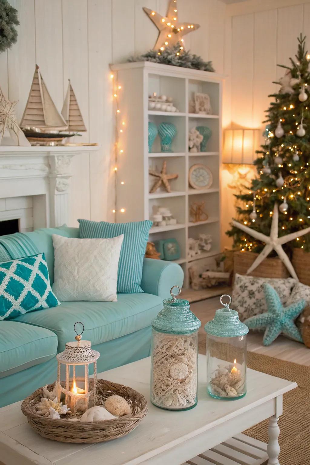 Beach-inspired holiday decorations with seashells and blue accents.
