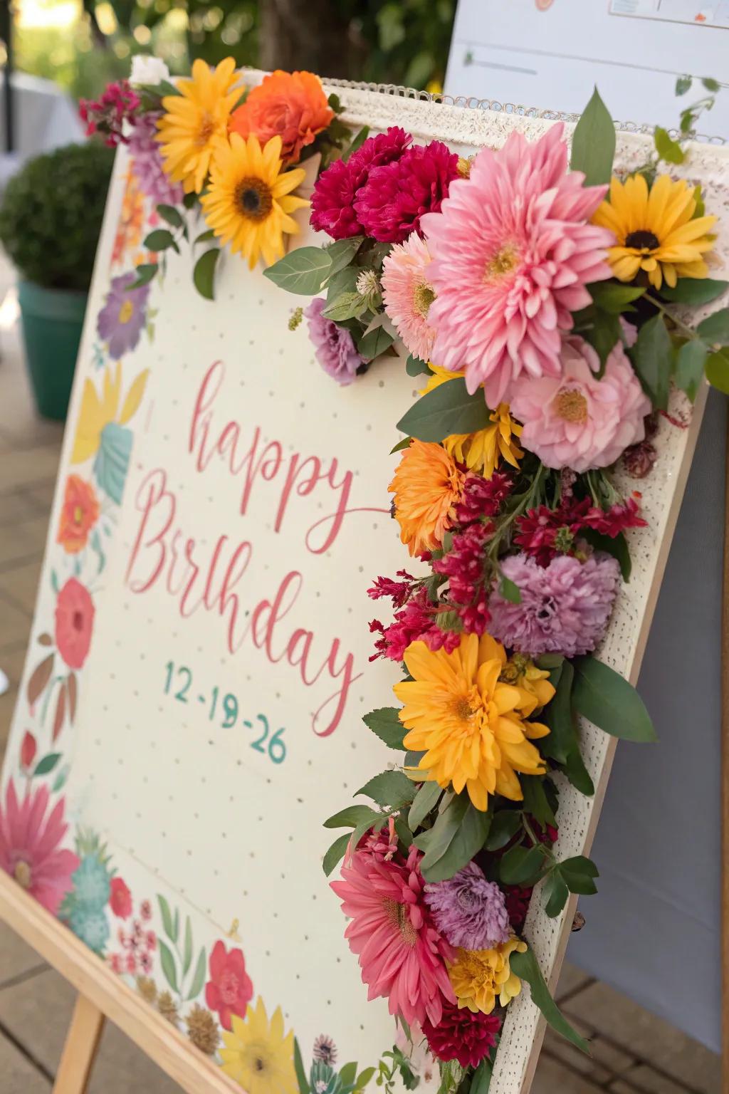 A lively floral-themed birthday display bursting with colorful blooms.