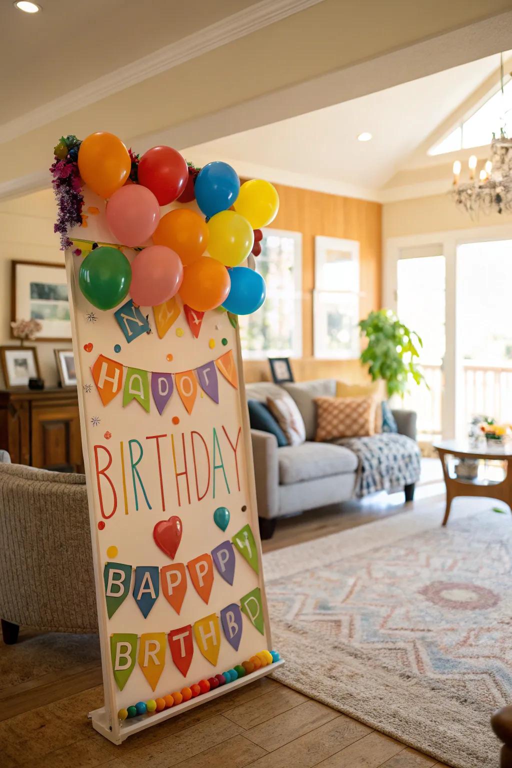 A lively birthday display adorned with colorful balloons.