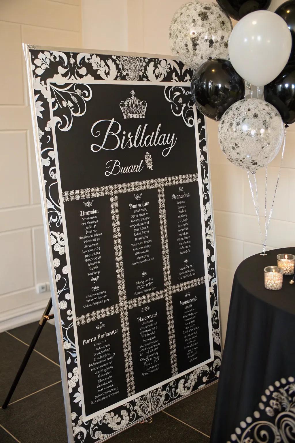 A classic black and white birthday display exuding sophistication.