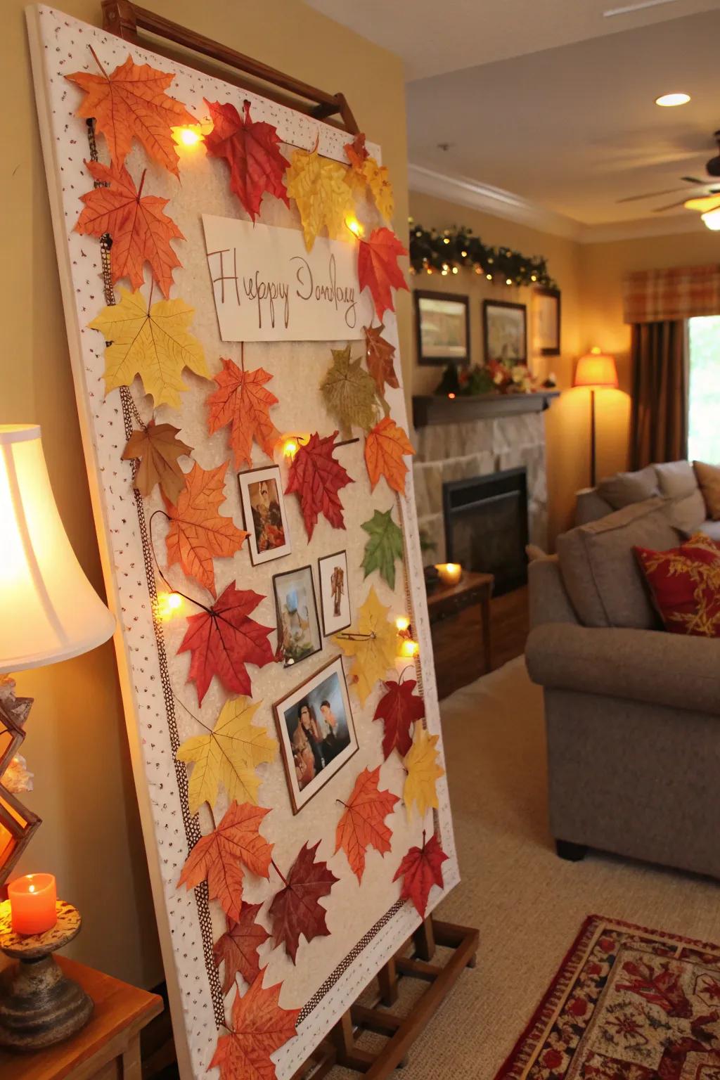 A seasonal birthday display celebrating autumn with vibrant foliage.
