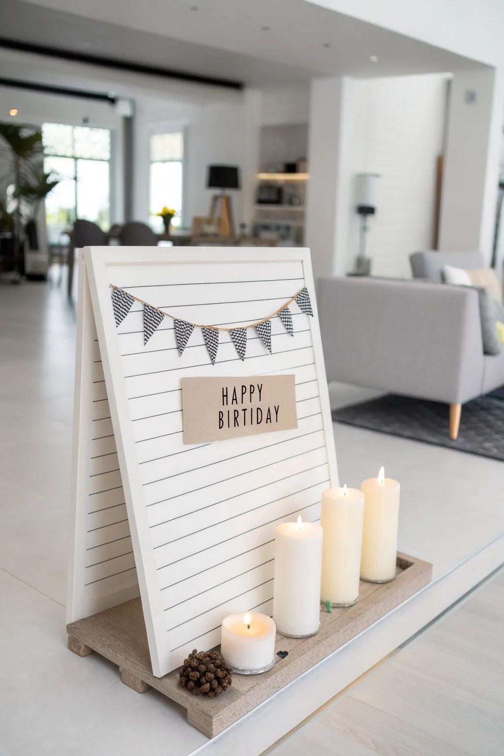 A sleek minimalist birthday display with a modern vibe.