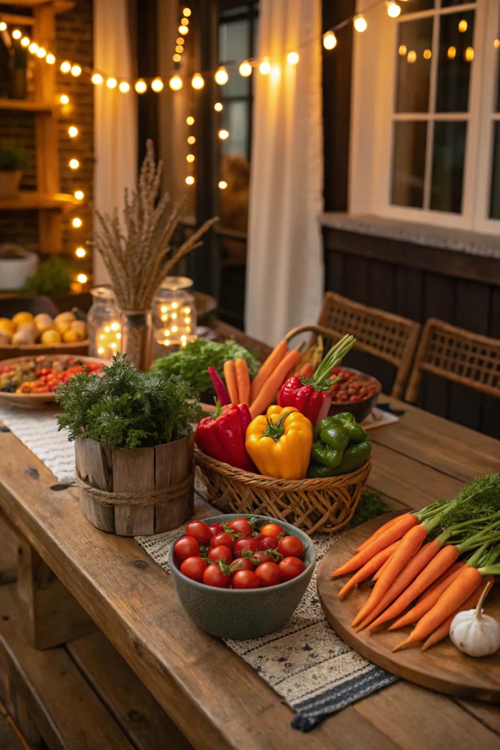 Colorful garden produce adding vibrancy to a rustic table.
