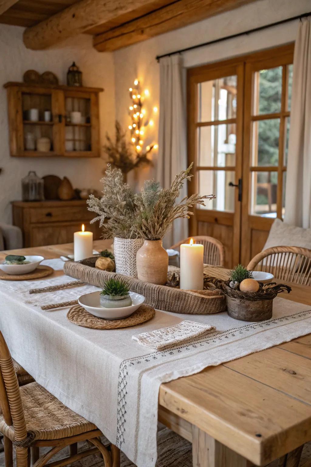 Subdued hues creating a serene rustic table setting.