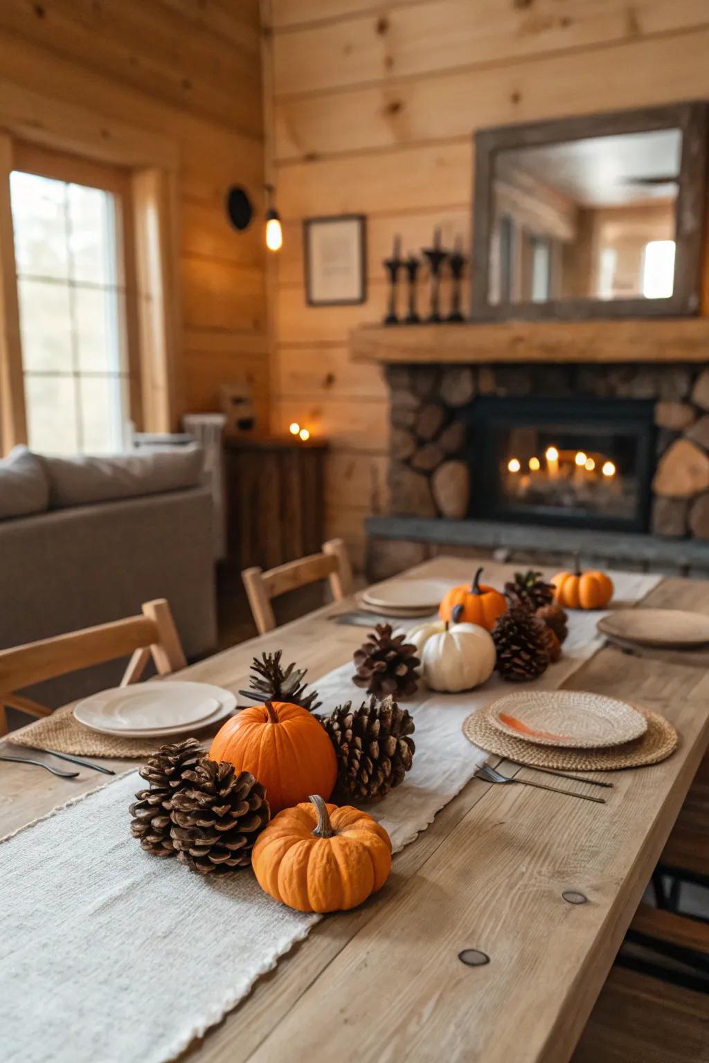 Seasonal decorations adding charm to a rustic table.