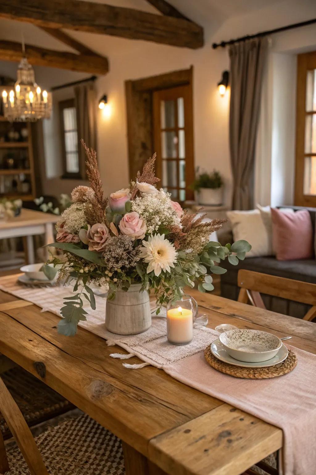Subtle seasonal flowers adding color to a rustic table.