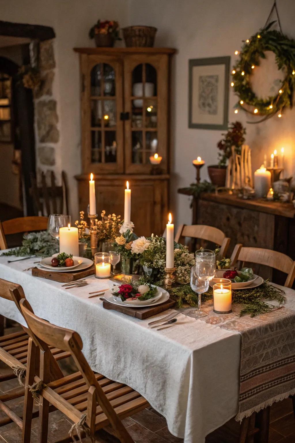Candles crafting a cozy ambience on a rustic table.