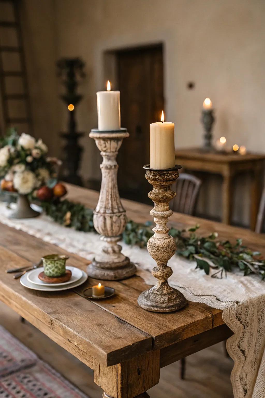 Historic light holders enhancing a rustic table setting.