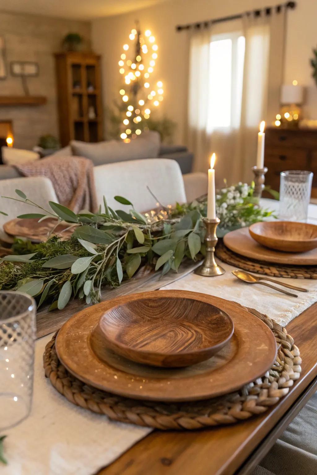 Wooden trays introducing warmth to a rustic dining experience.