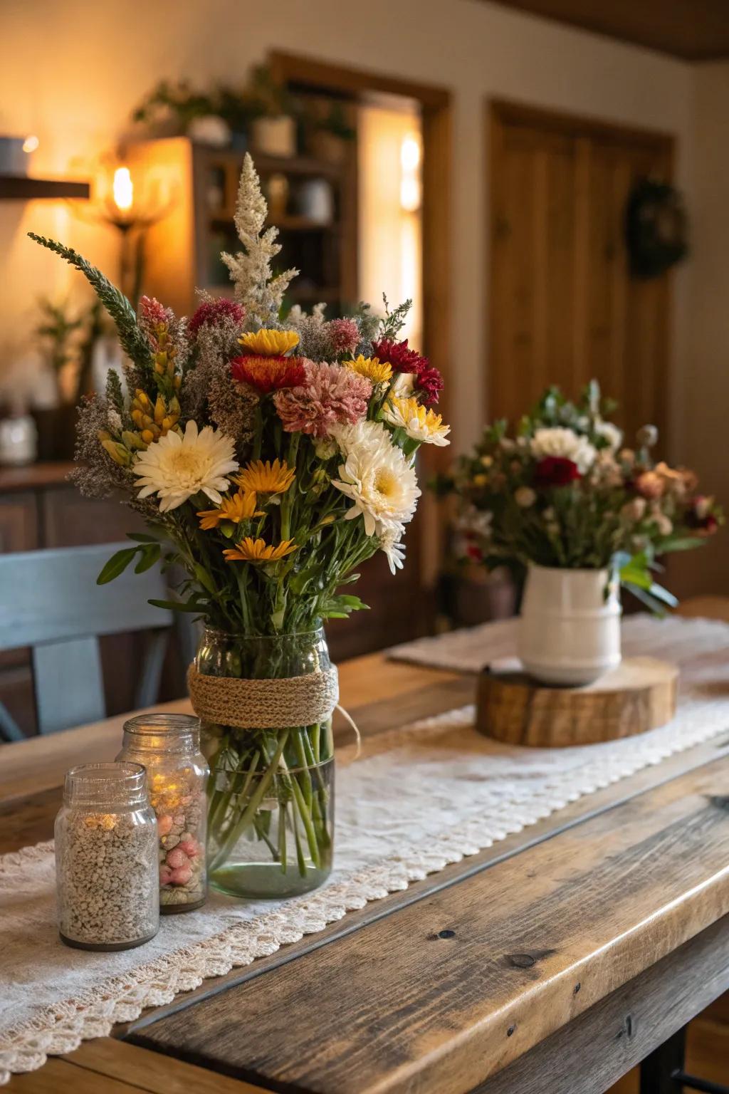 Utility jars filled with seasonal flowers on a rustic table.