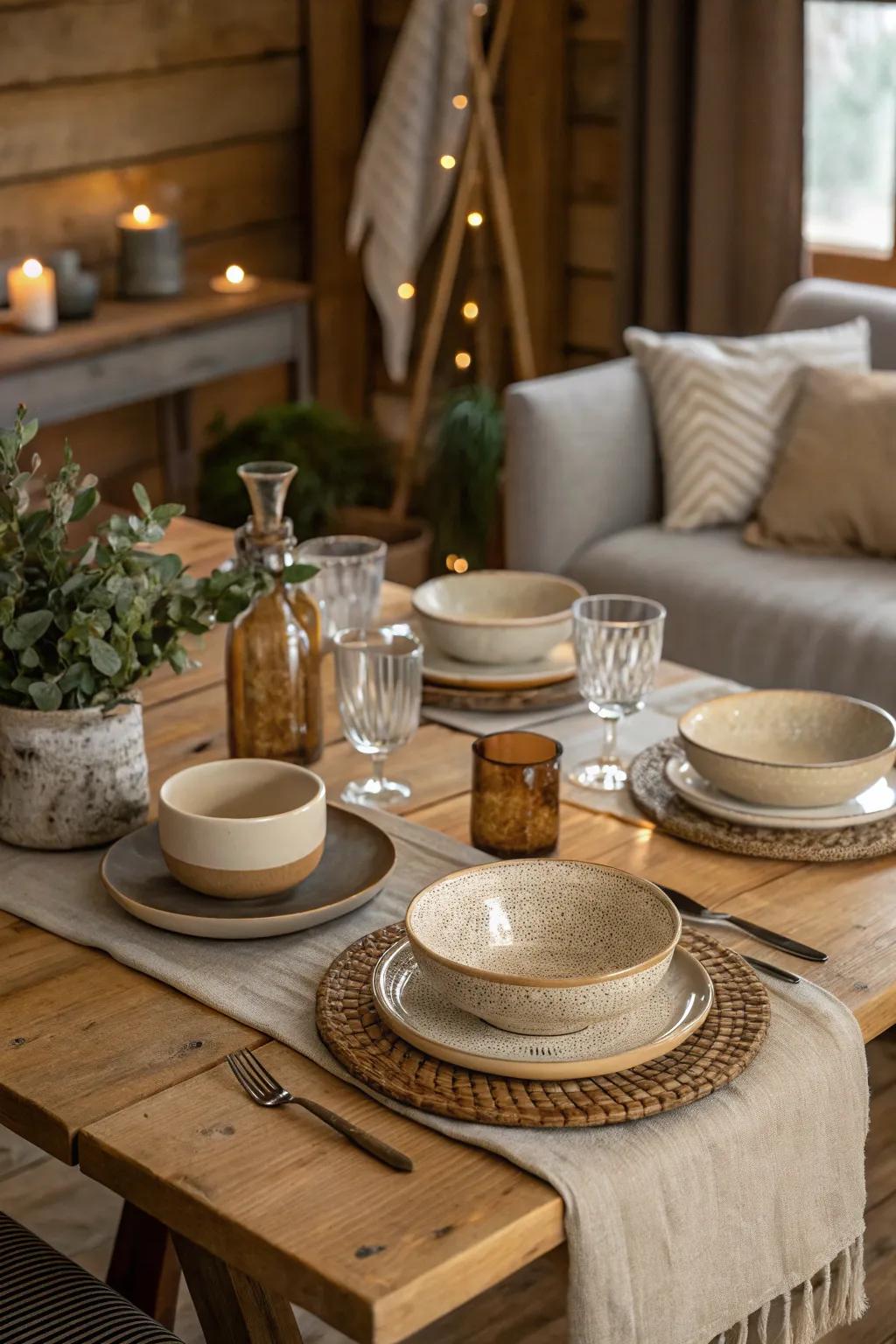 Understated serveware enhancing a rustic table setting.