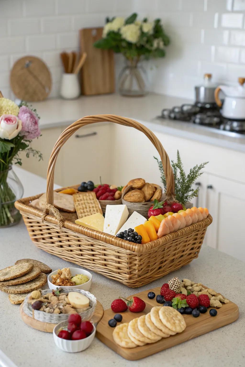 A gourmet hamper filled with delicious treats for new homeowners.