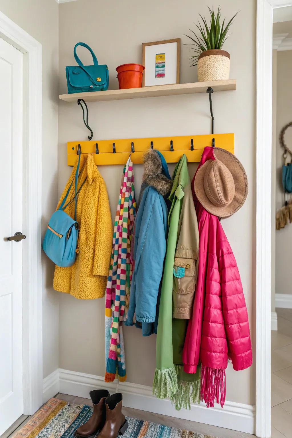 Brightly colored coat rack adding a lively touch to a neutral entryway.