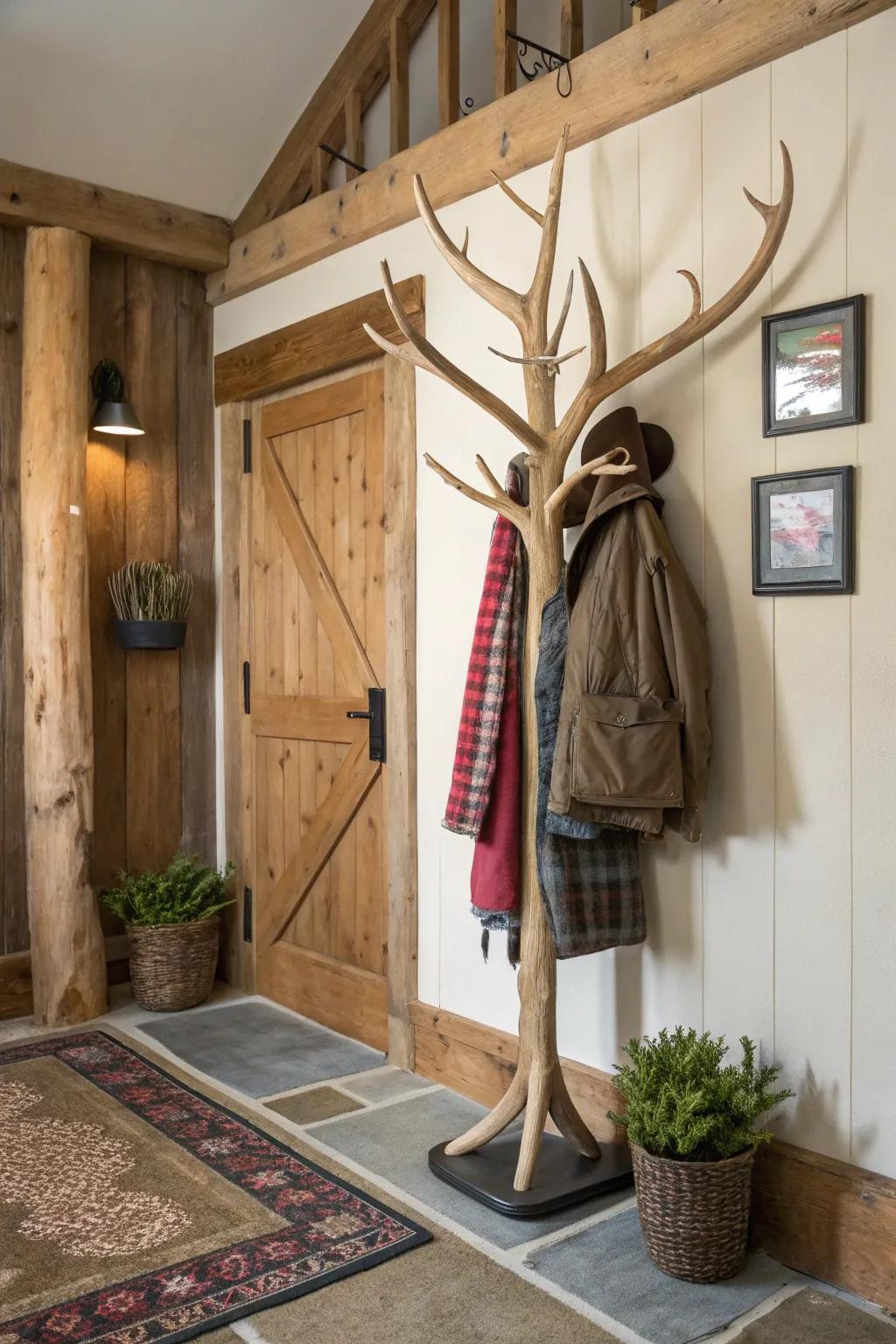 Faux antler coat rack adding a playful and rustic vibe.