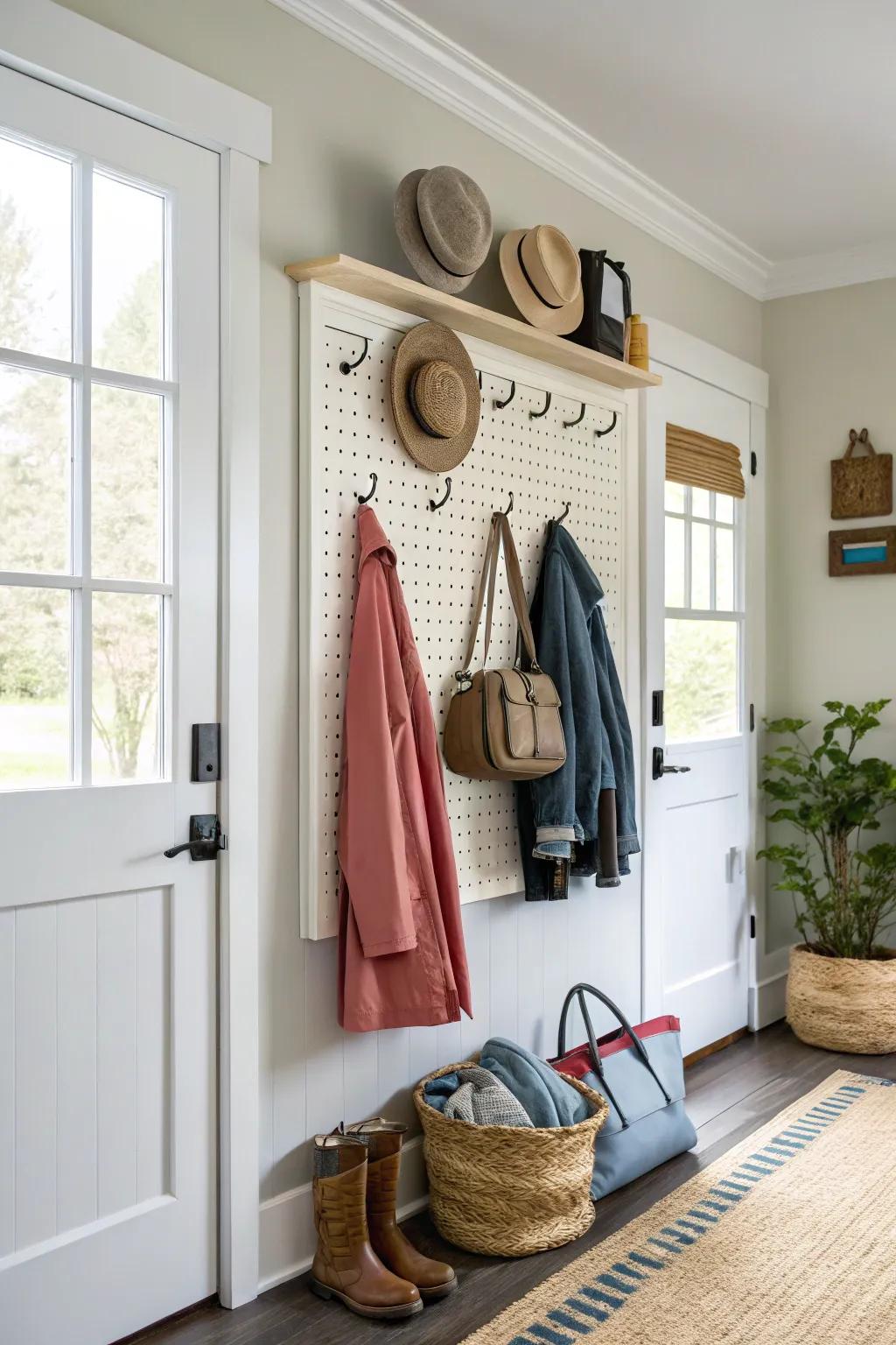 Pegboard coat rack offering flexible storage options for an adaptable entryway.