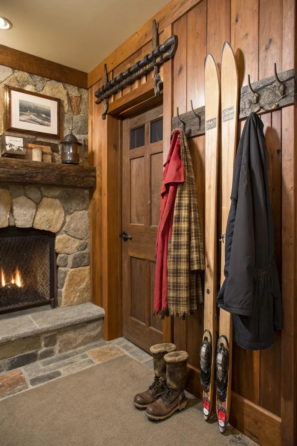 Vintage skis repurposed into a charming and nostalgic coat rack.