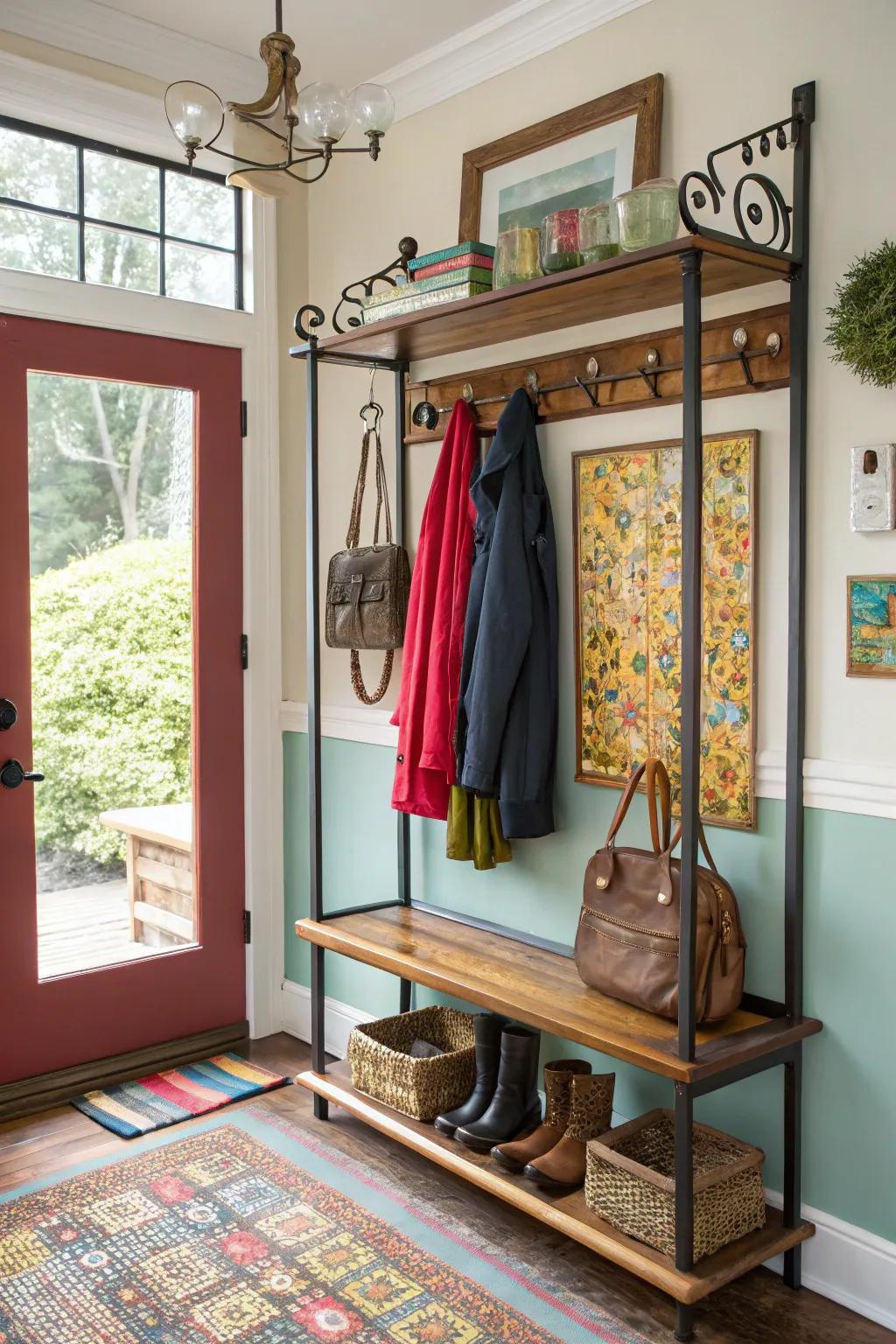 Eclectic coat rack combining wood, metal, and glass for a vibrant look.