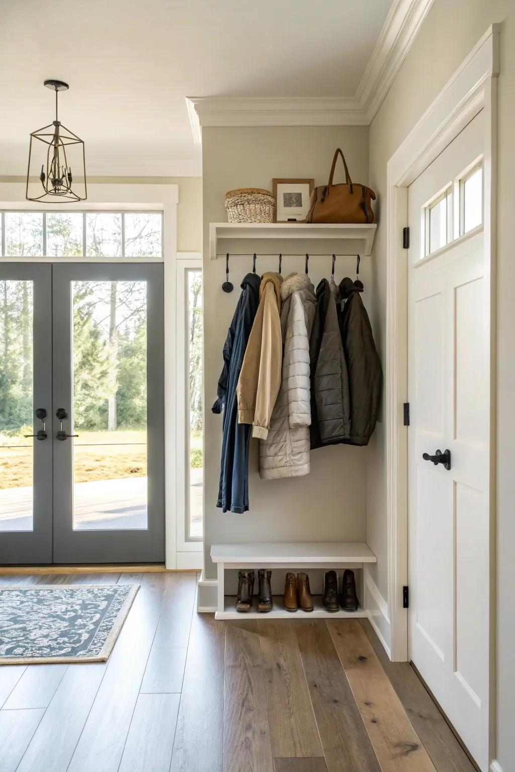 Floating coat rack design creating a light and open feel.