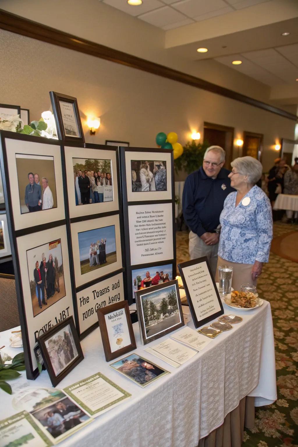 Photo displays honor the retiree’s career milestones and memories.